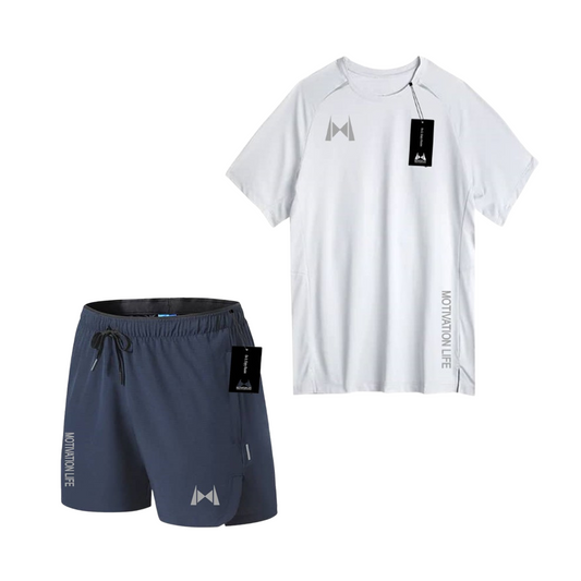 Conjunto Deportivo Golden Premium para hombres con Pantalón Corto Azul marino y camiseta con manga de color blanco leche.